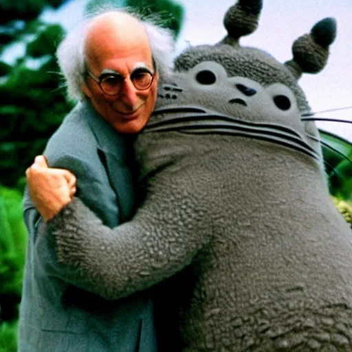 Image similar to totoro and larry david hugging, ghibli film