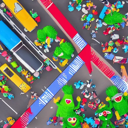 Prompt: drone shot of traffic on sesame street with muppets colorful cel shading, cookie monster, elmo, oscar the grouch