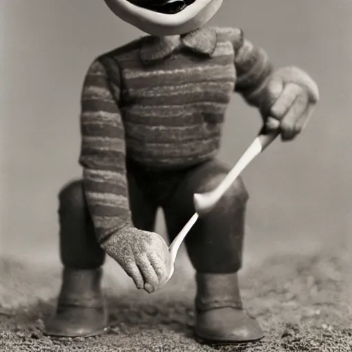 Image similar to slappy the dummy digging with a spoon in his hand, 8k photo