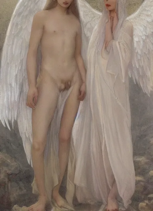 Prompt: single thin angel with silver hair so pale and wan!, thin!, wearing robes, covered in robes, lone pale wan feminine goddess, wearing silver robes, flowing hair, pale skin, young cute face, covered!!, clothed! oil on canvas, style of lucien levy - dhurmer and jean deville, 4 k resolution, aesthetic!, mystery