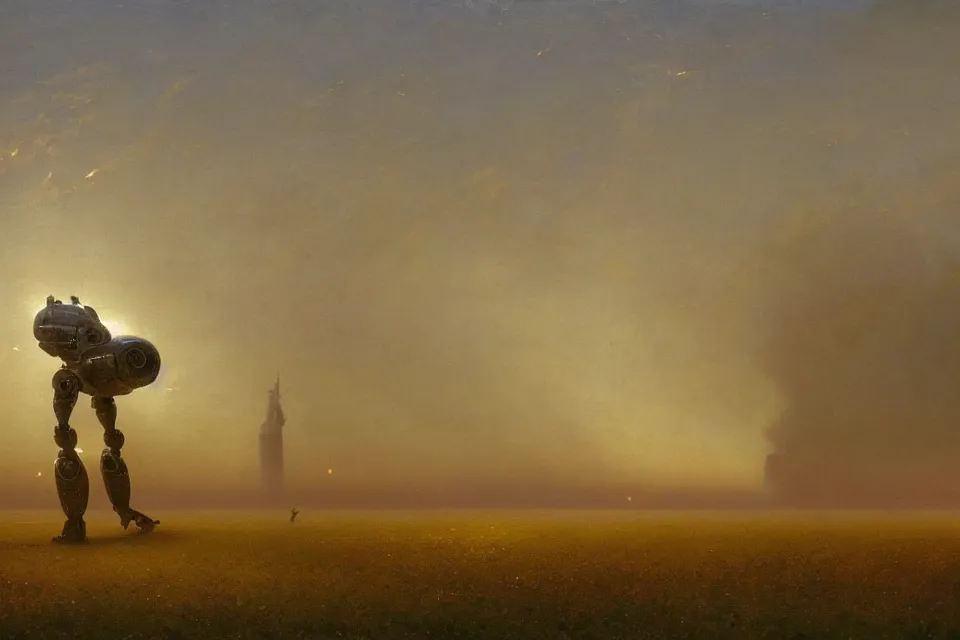 Image similar to sci-fi painting of a large alien city on the vast wheat fields, the closed back view of only one humanoid robot on the ground, by Ivan Aivazovsky, godrays, detailed