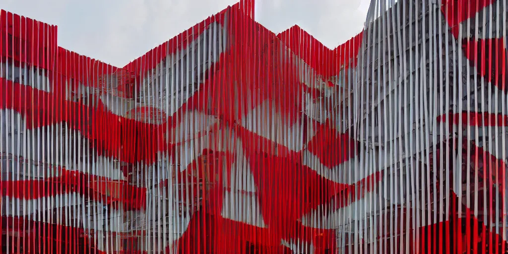 Prompt: extremely beautiful architecture photo of a red black yellow and white building complex in lagos nigeria in the style of rem koolhaas and virgil abloh, zaha hadid, postmodern, clean, the structure is angular and geometric, beautiful, award winning architecture, extremely beautiful lighting, cinematic composition, modern, render, architectural, architecture, realistic, clear