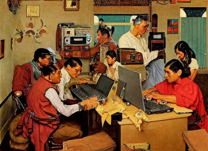 Image similar to Ancient Aztecs using computer at a lan house, Ancient, artwork by Norman Rockwell,