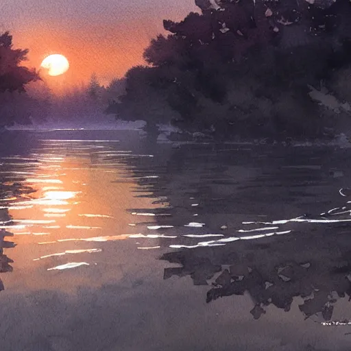 Image similar to River leading into a sunset, Watercolor, photorealistic, high resolution, award winning, trending on artstation, intricate, elegant, highly detailed, digital painting, artstation, concept art, smooth, sharp focus, illustration, art by artgerm and greg rutkowski and alphonse mucha