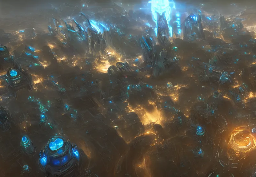 Prompt: protoss spaceship hovering above protoss city, with zerg forces in the distances beautiful art uhd 4 k, artstation, hdr, 4 k, incredible detail, cinematic lighting, unreal engine 5