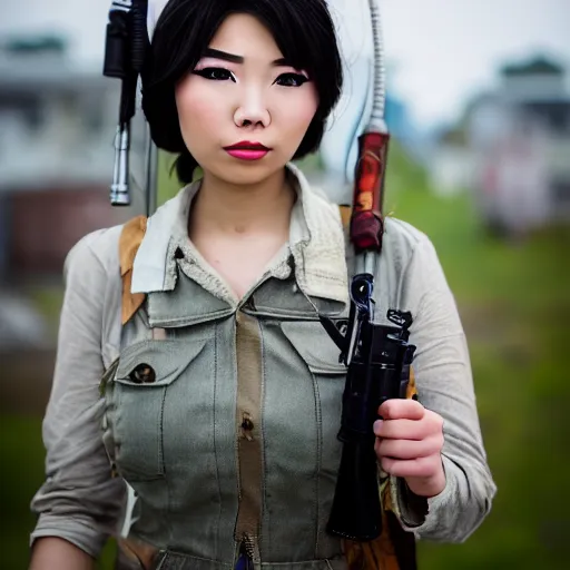 Prompt: Beautiful Asian girl cosplaying as the Fallout 4 sole survivor, photographed on a slight overcast day on dilapitated street on Ikeshima island, Nikon D7100 with a Nikon 50mm F1.8, a Nikon 85mm F1.8, Golden hour, expressive face,