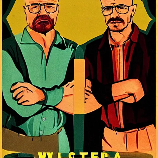 Prompt: vintage 1970s poster depicting walter white and jesse pinkman