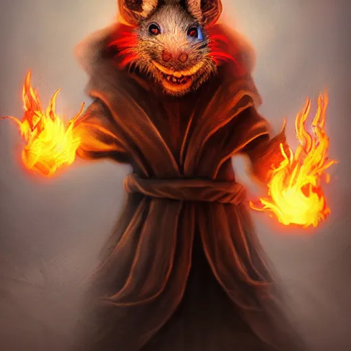 Image similar to fantasy painting of a ghostly rat sorcerer with glowing red eyes, wearing tattered black burlap robes, floating in mist, clutching a blue flame in each hand, anthropomorphic rat, skaven, master splinter, nicodemus, photorealistic, artstation