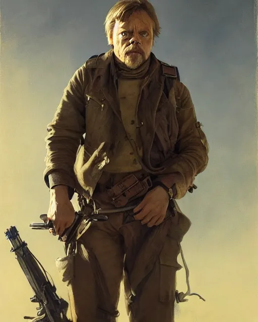 Image similar to mark hamill as a tired dystopian resistance fighter. dieselpunk steampunk art by greg rutkowski, gustave courbet, rosa bonheur, edward hopper. faithfully depicted facial expression, perfect anatomy, sharp focus, global illumination, radiant light, detailed and intricate environment, trending on artstation