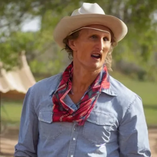 Prompt: a man who is a combination of woody Harrelson and Mathew McConaughey is wearing a red bandana and trying to sell you a tent trailer