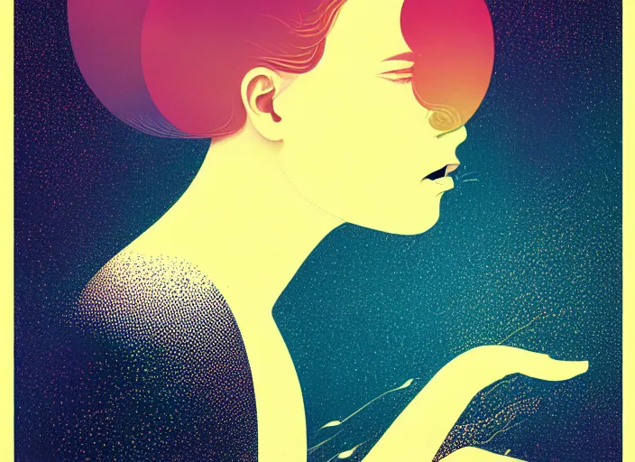 Prompt: portrait a young woman swimming in space, ( ( karolis strautniekas ) ), christopher balaskas, victo ngai, detailed, dynamic pose, halftone shaded, dark tint, high contrast, editorial illustration