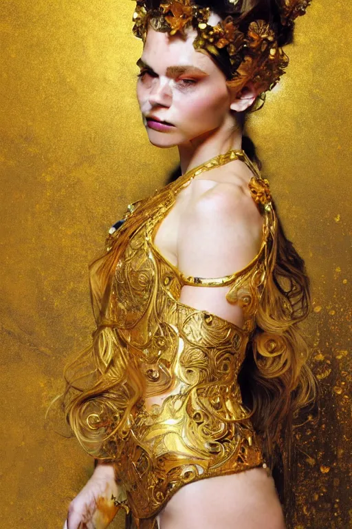 Image similar to an intricate artistic pose painting of a beautiful young girl with an artistic pose with klimt golden motives and textures, hyper detailed, ornamental gold headpiece, octane render, vivid colors, artstation, by jeremy mann, by alphonse mucha, by boris vallejo