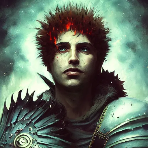 Image similar to !dream Infernopunk Spike Spiegel Magician Portrait portrait portrait Dungeon Exterior Man TheWitcher3WildHunt TheElderScrollsOblivion Cover Art Face Head Eyes Snack Warlock Wearing Flame Vest Ismail Inceoglu Arnold Bocklin Jakub Rebelka dug stanat Anime Brushstrokes Oil Painting Impasto