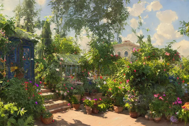 Image similar to weed greenhouse, rococo style, greek architecture, green marble building, marijuana trees, multicolored weed leaves, dynamic lighting, landscape, artwork by jeremy lipkin and giuseppe dangelico pino and michael garmash and rob rey and greg manchess and huang guangjian and makoto shinkai, pixiv, 1 0 0 mm