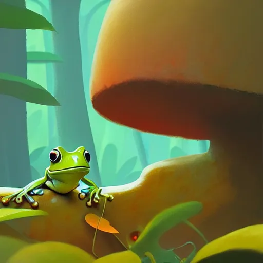 Image similar to goro fujita illustration a young little frog in the jungle by goro fujita, painting by goro fujita, sharp focus, highly detailed, artstation