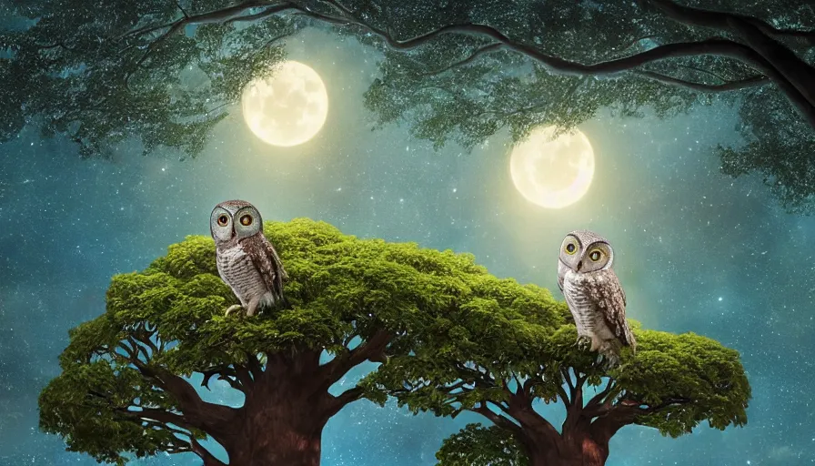 Image similar to very very small owl, sitting on a gigantic banyan tree in moonlit lakshadweep by ilya kuvshinov, starry night, rtx rendering, octane render 1 2 8 k, maya, extreme high intricate details by tom bagshaw, medium shot, close up shot, composition by sana takeda, lighting by greg rutkowski