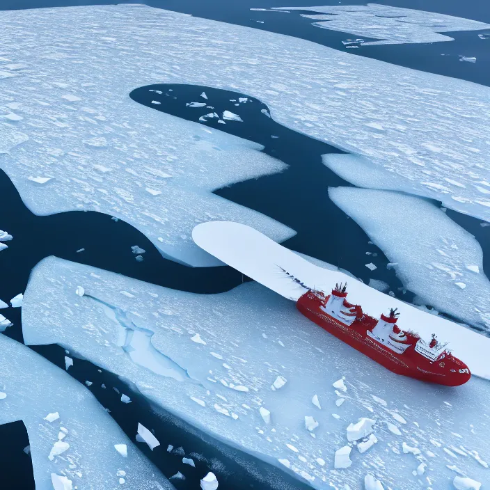 Image similar to A little bird's flight over an enormous gigantic icebreaker-sityfortress sailing across an icy cold ocean. Masterpiece, cinematic, hyperdetailed, photorealistic, hyperrealism, octane rendering, 8k, aerial view
