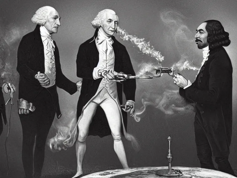 Prompt: Conan O’Brian passing the smoke filled bong to George Washington and Snoop Dogg