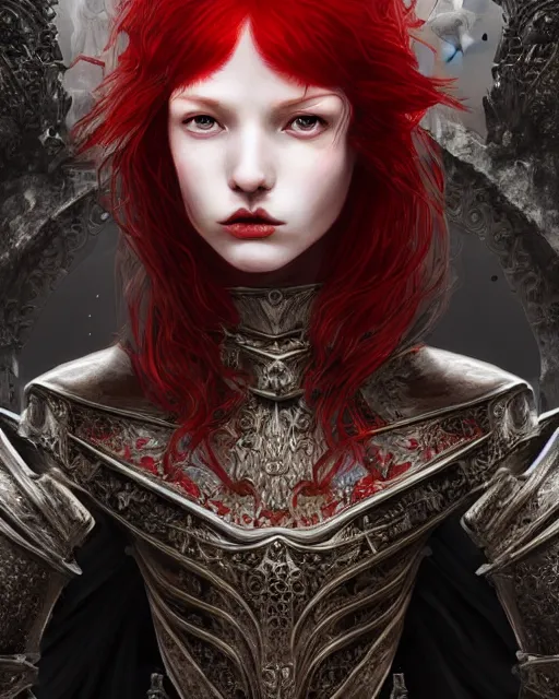 Prompt: redhead queen knight in red armor, inside an epic gothic castle, baroque, large crown, face with scars, intimidating, ominous, high fantasy, intricate detail, digital painting, artstation, concept art, smooth, sharp focus, illustration, art by yoshitaka amano and monia merlo and wlop
