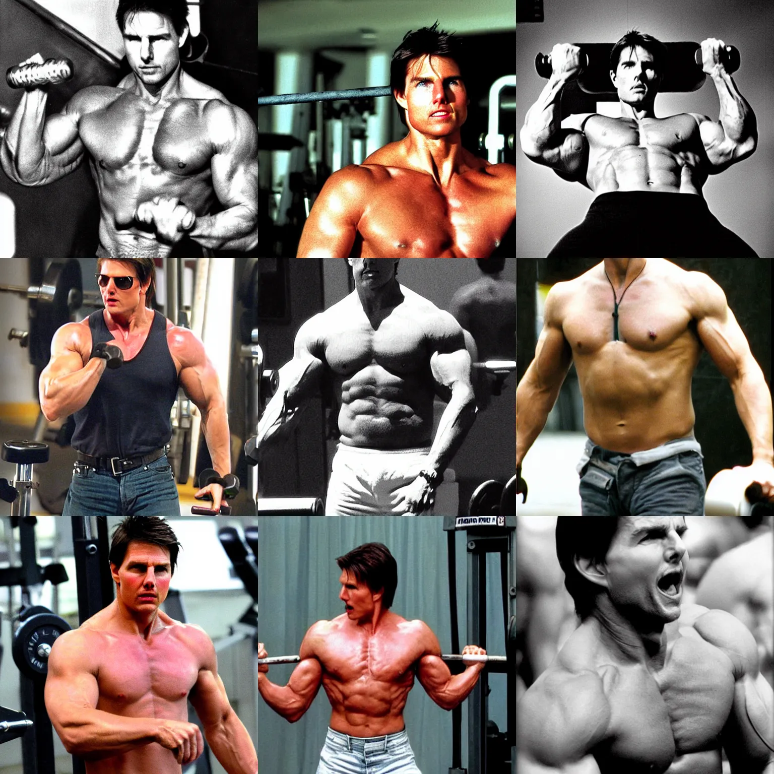 Prompt: tom cruise steroid monster pumping iron, real still photograph close up chest