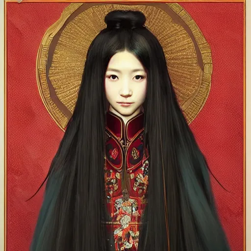 Prompt: a beautiful portrait of hatsune miku with long black and deep red colored hair dressed as a 1 st century chinese noblewoman, intricate, elegant, highly detailed, digital painting, artstation, concept art, matte, sharp focus, illustration, art by greg rutkowski and alphonse mucha
