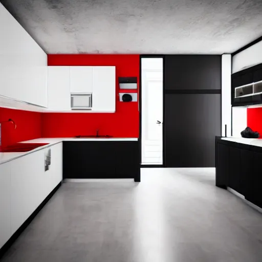 Image similar to photo of black, matte kitchen fronts surfaces and furniture, red walls at the back, white floor tiles on the ground, architecture, concept art