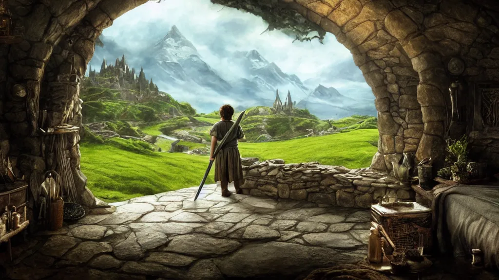 Image similar to frodo writing in his journal inside his hobbit hole bag end at the end of his journey, hobbiton visible through a window, by alan lee, michal karcz, smooth details, lord of the rings, game of thrones, smooth, detailed terrain, oil painting, trending artstation, concept art, fantasy matte painting, over the shoulder camera shot