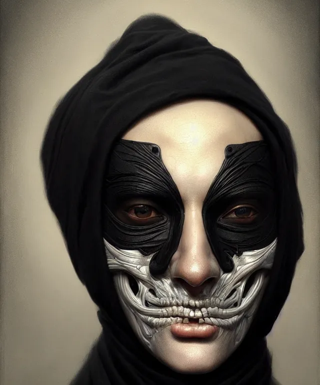 Prompt: man with black fabric mask, highly detailed face!!!, true anatomy!, extremely detailed!, digital painting, unreal engine 5, art by tom bagshaw