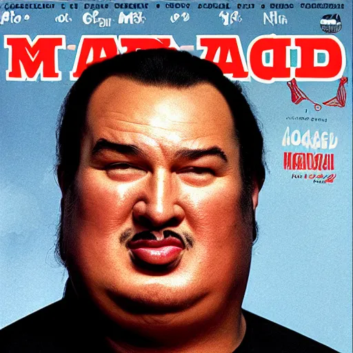 Prompt: mad magazine cover photo portrait caricature obese steven seagal