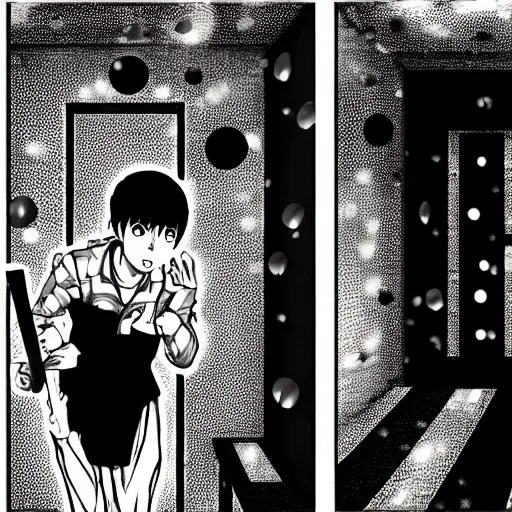 Image similar to close-up scene neighbor holding a drill and drilling holes in a room, all wall is drilled with holes, manga, black and white manga horror in style of junji ito, kentaro miura