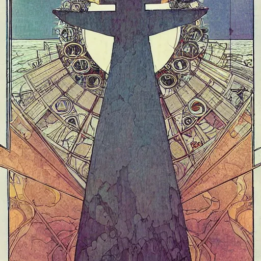 Image similar to a spiritual cross on top of a holy mountain, holy geometry, Mucha, Moebius, Mohrbacher