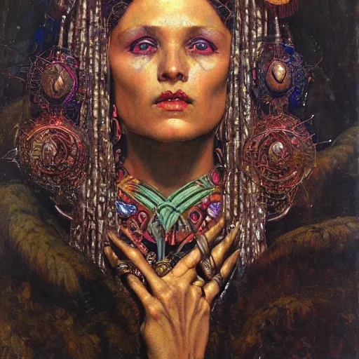 Image similar to baroque portrait of an art deco shaman, reflective detailed textures, highly detailed fantasy science fiction painting by annie swynnerton and jean delville and moebius, norman rockwell and frank frazetta. rich colors, high contrast. artstation