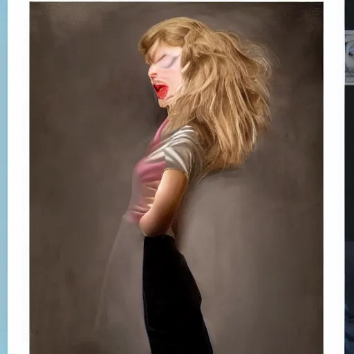 Prompt: by lya repin by simon stalenberg, photorealistic, expressionism, taylor swift cosplaying joe biden