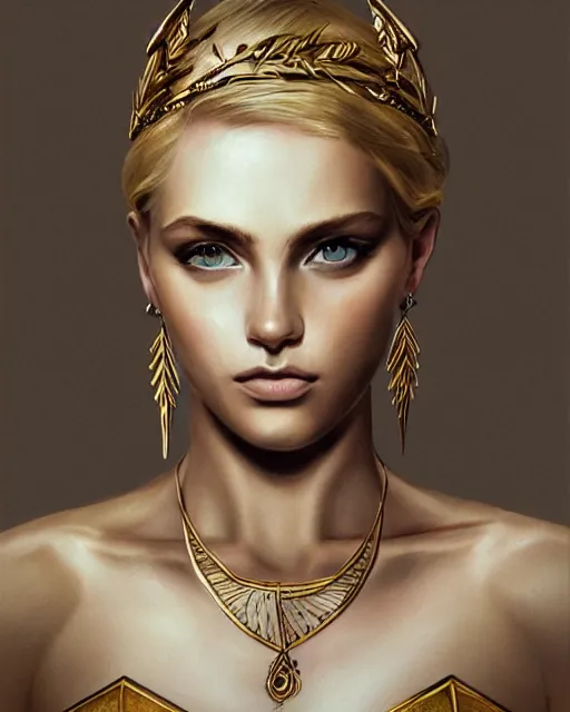 Image similar to tattoo design sketch of cute beautiful blonde super model as aphrodite greek goddess wearing a gold laurel wreath and triangle earrings, beautiful piercing gaze with sharp pupils, in the style of greg rutkowski, fantasy, amazing detail, epic, elegant, smooth, sharp focus, front view