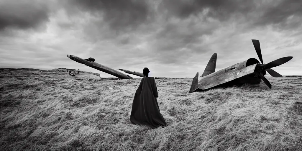 Image similar to a breathtaking photograph of windswept dunes scandinavian landscape, a beautiful woman in oscar de la rents standing beside a destroyed fighter plane + stone in center, ultra wide shot, cinematic, 8 k, dramatic lighting