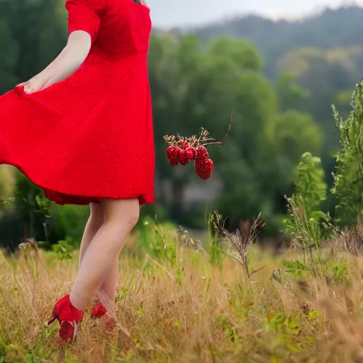 Prompt: young woman in red dress picks berries