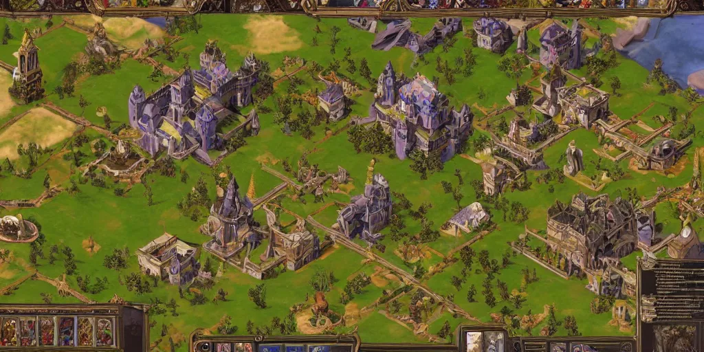 Image similar to art nouveau real time strategy in style of Pre Rafael, gameplay, units, buildings, base, medieval, fantasy, bright colors, high contrast, high detailed, Art Deco, Age of Empires 2, Warcraft 3 gameplay, Battle for MidlleEarth, Stronghold