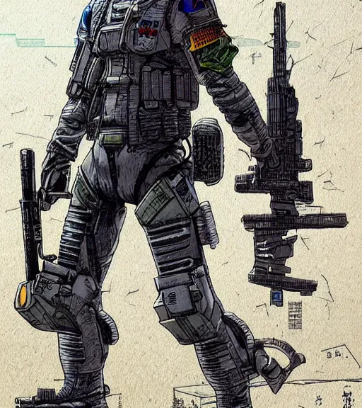 Image similar to a cyberpunk soldier with tactical gear and a rifle patrols a Japanese city on mars, Industrial Scifi, detailed illustration, character portrait, by Martin Grip and Moebius