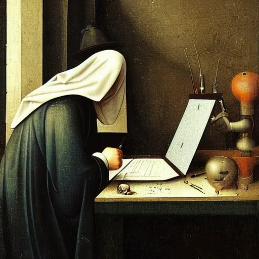 Image similar to a computer hacker working at his desk by hieronymus bosch, highly detailed, realistic