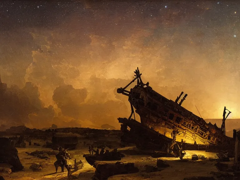 Image similar to an oil painting of an ancient shipwreck in the middle of an alien desert at dusk, aurora and stars light up the sky by carl spitzweg and tuomas korpi. baroque elements, full-length view. baroque element. intricate artwork by caravaggio. Trending on artstation. 8k