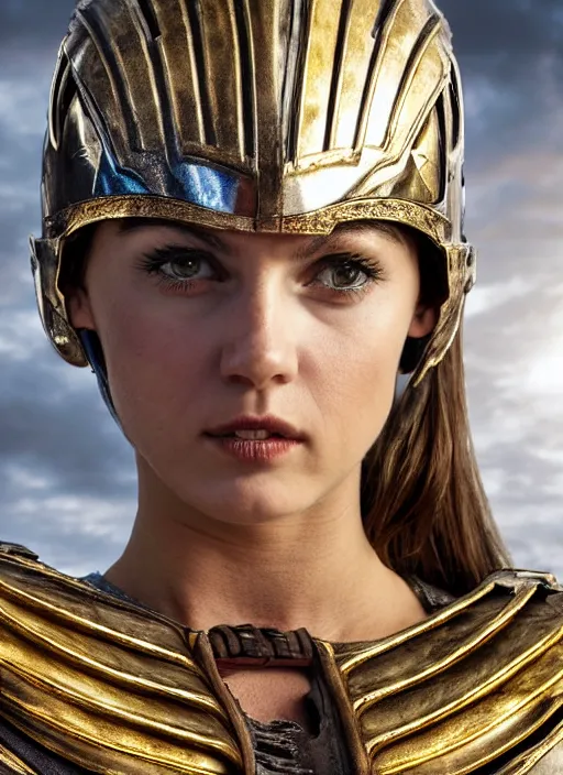 Prompt: close - up portrait of beautiful young woman dressed gladiator with metallic armor, art by luc besson