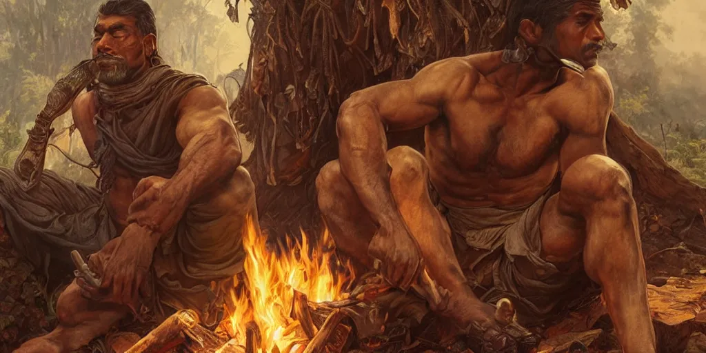 Prompt: Rugged male Sri Lankan warrior relaxing by the fire, relaxed, muscular, upper body, fantasy, intricate, elegant, highly detailed, digital painting, artstation, concept art, smooth, sharp focus, illustration, art by artgerm and greg rutkowski and alphonse mucha