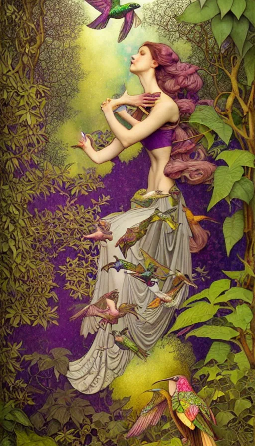 Image similar to M. C. Escher time machine, lush forest painted by tom bagshaw, mobius, mucha M. C. Escher, gold paint, ink, purple hummingbirds, gnarly details