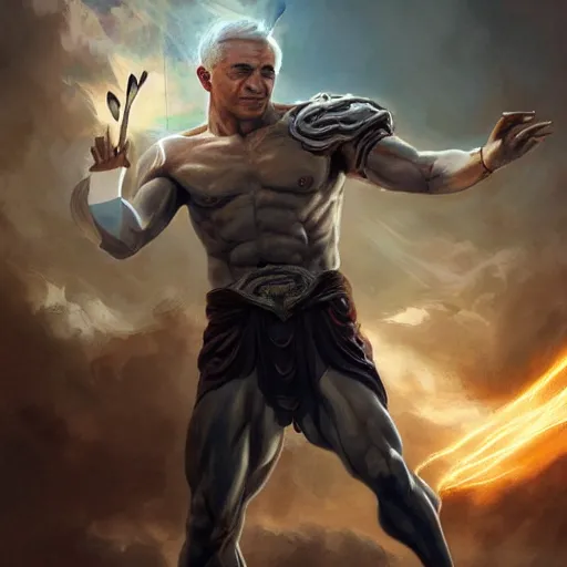 Image similar to benjamin netanyahu as the greek god of lightning, shooting lightning from hands, highly detailed, ultra clear, by artgerm and greg rutkowski