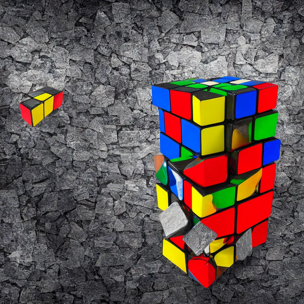 Prompt: Unsolved Rubik's cube made of various types of stone, studio photograph,