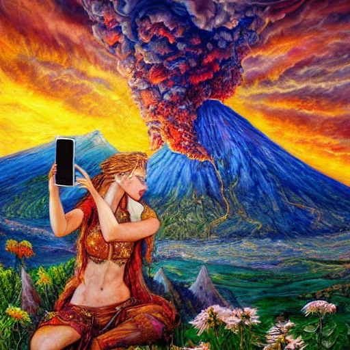 Image similar to painting by senior concept artist josephine wall, horned ram goddess checking her cell phone, erupting volcano and sunset in distance in background, flowers in foreground, fantasy, acrylic on canvas, intricately detailed, highly detailed, high resolution, hdr, 8 k, trending on artstation