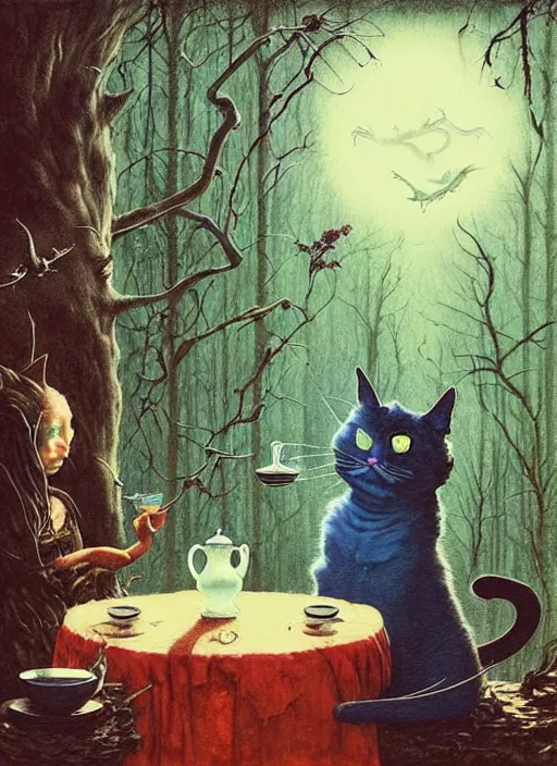 Image similar to cat having tea with a witch at a shrine in the woods gorgeous lighting, lush forest foliage blue sky a hyper realistic painting by chiara bautista and beksinski and norman rockwell and greg rutkowski weta studio, and lucasfilm