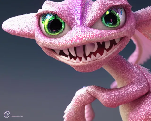 Image similar to character design of a cute dragon, big eyes, soft scale texture, pastel colours, shiny glitter crystals, cc ute, adorable, pixar animation style, detailed, soft light, octane render, 4 k,