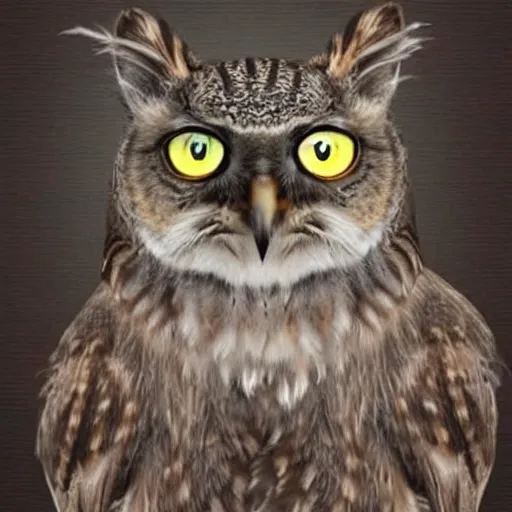 Image similar to owl and cat hybrid that has wings and body of an owl and head of a cat