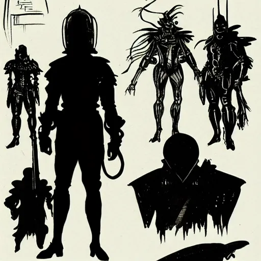 Image similar to concept art, stylized silhouette, super exaggerated proportions, concept design, sketch, male, science fiction suit, helmet, arthur rackham, mike mignola